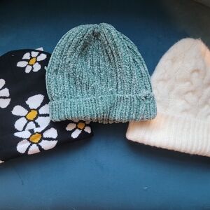 Stylish Beanie Trio in Black, Green, and Cream